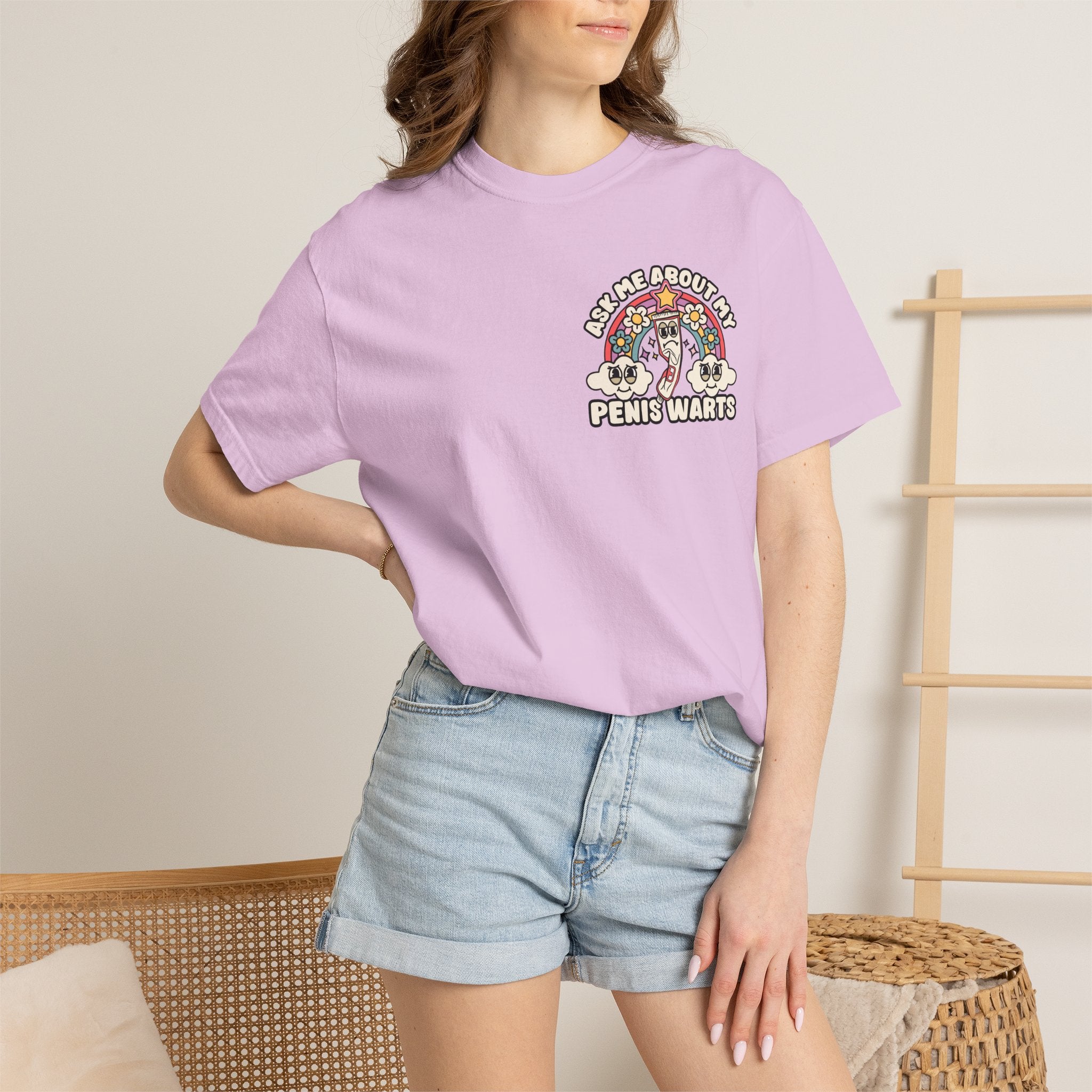 Adult Humor "Ask Me About My Penis Warts" Double-Sided Retro Tee