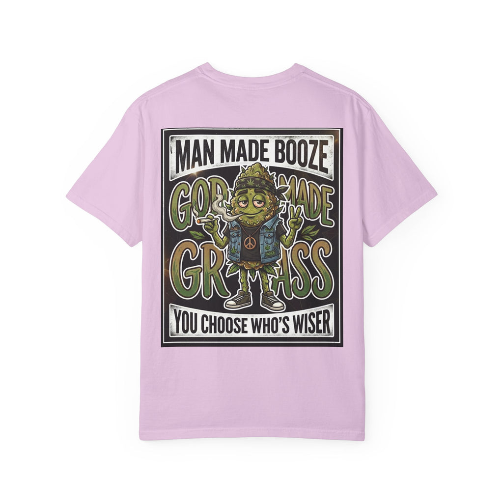 Man Made Booze God Made Grass Retro 1980s Biker Bud Graphic Tee