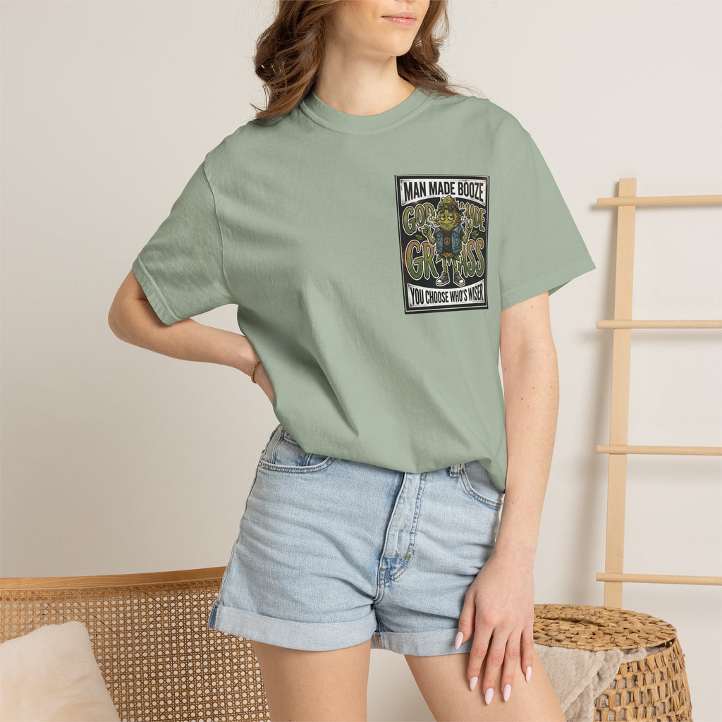 Man Made Booze God Made Grass Retro 1980s Biker Bud Graphic Tee