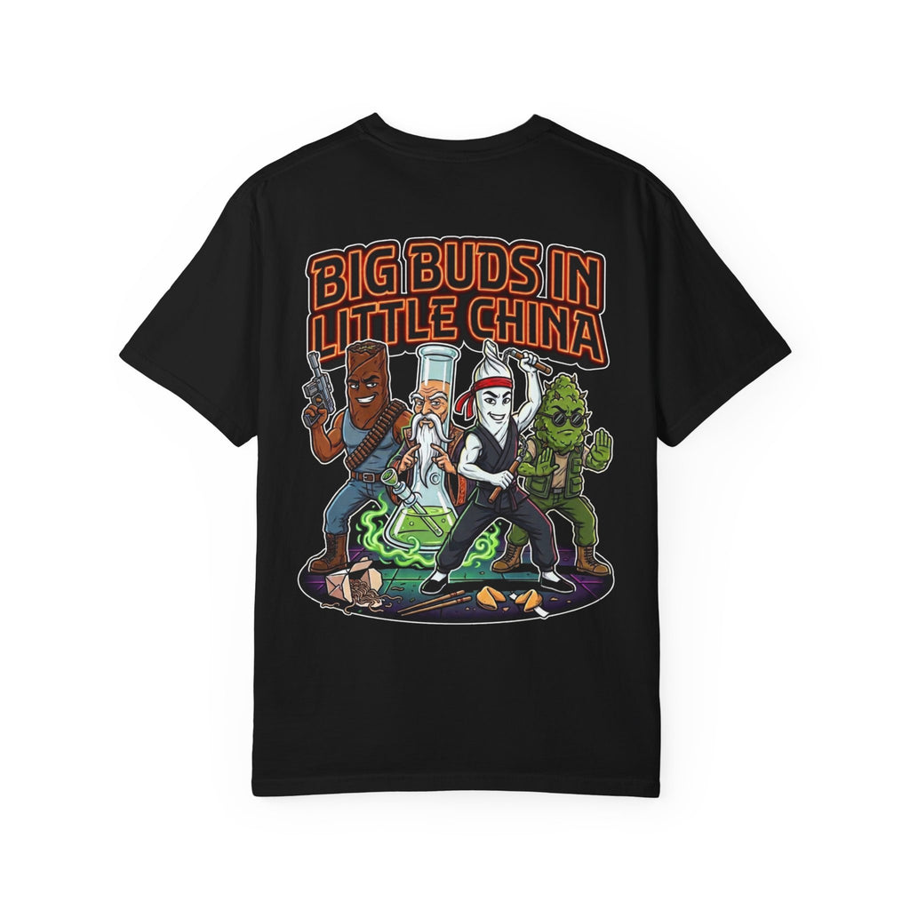 BIG BUDS IN LITTLE CHINA Funny Retro 1980s Martial Arts Parody Weed Graphic T-Shirt