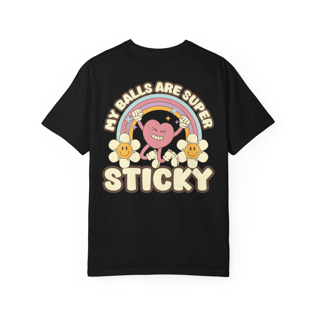 Funny My Balls Are Super Sticky T-Shirt - Retro Heart Adult Humor Gift Tee