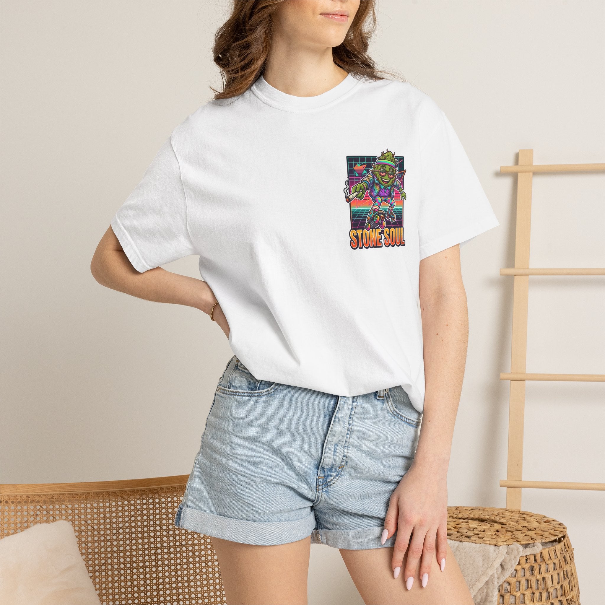 Retro 80s Synthwave Stone Soul Roller Skating Weed Bud Graphic Tee