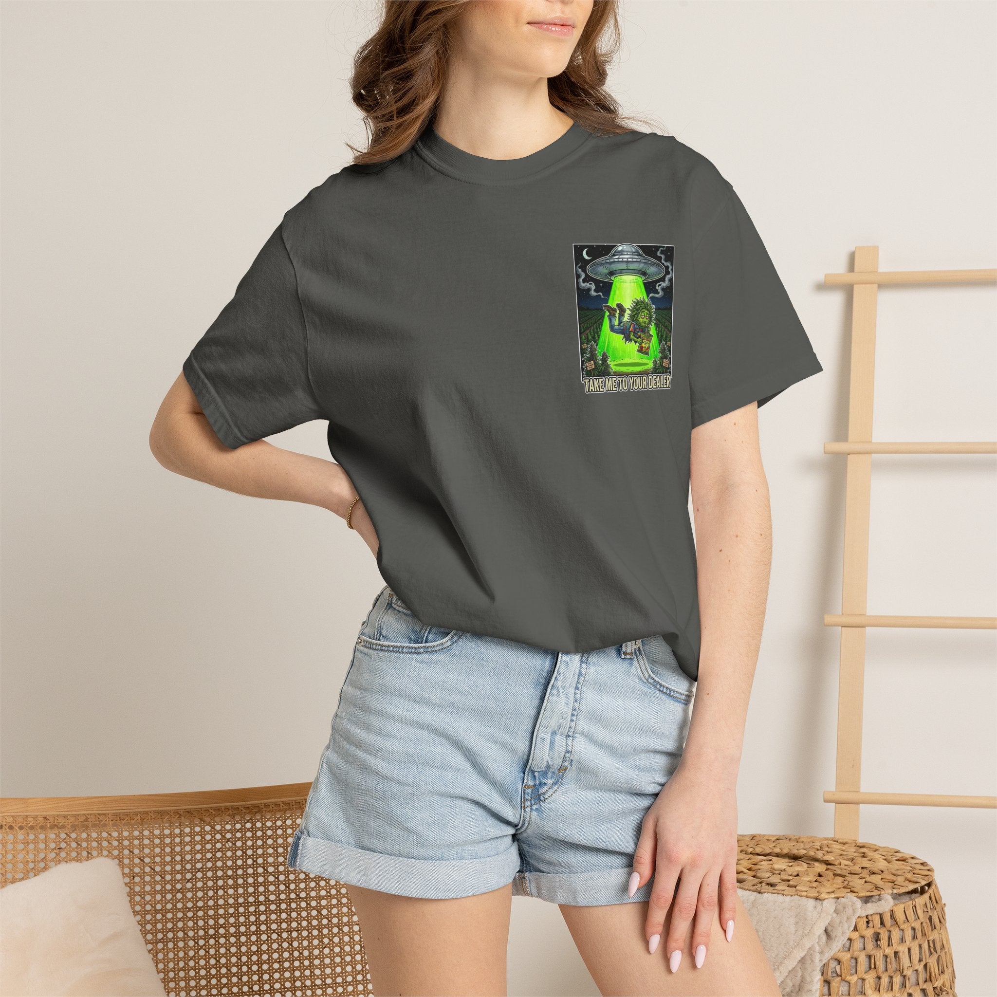 Take Me To Your Dealer - Retro Sci-Fi Cannabis Graphic Tee