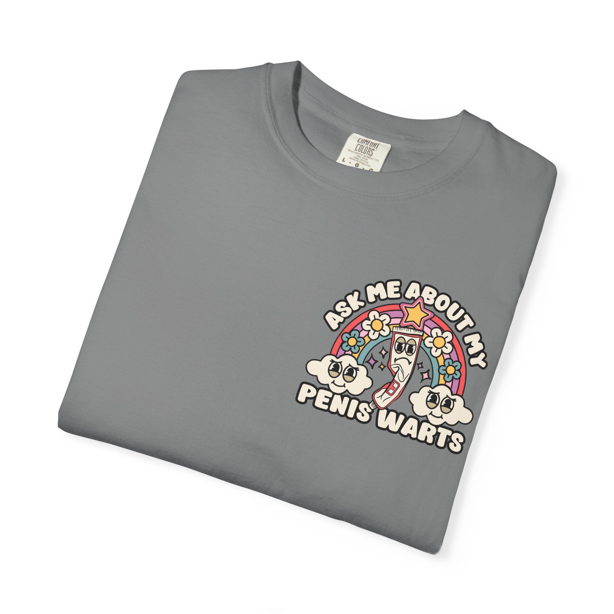 Adult Humor "Ask Me About My Penis Warts" Double-Sided Retro Tee