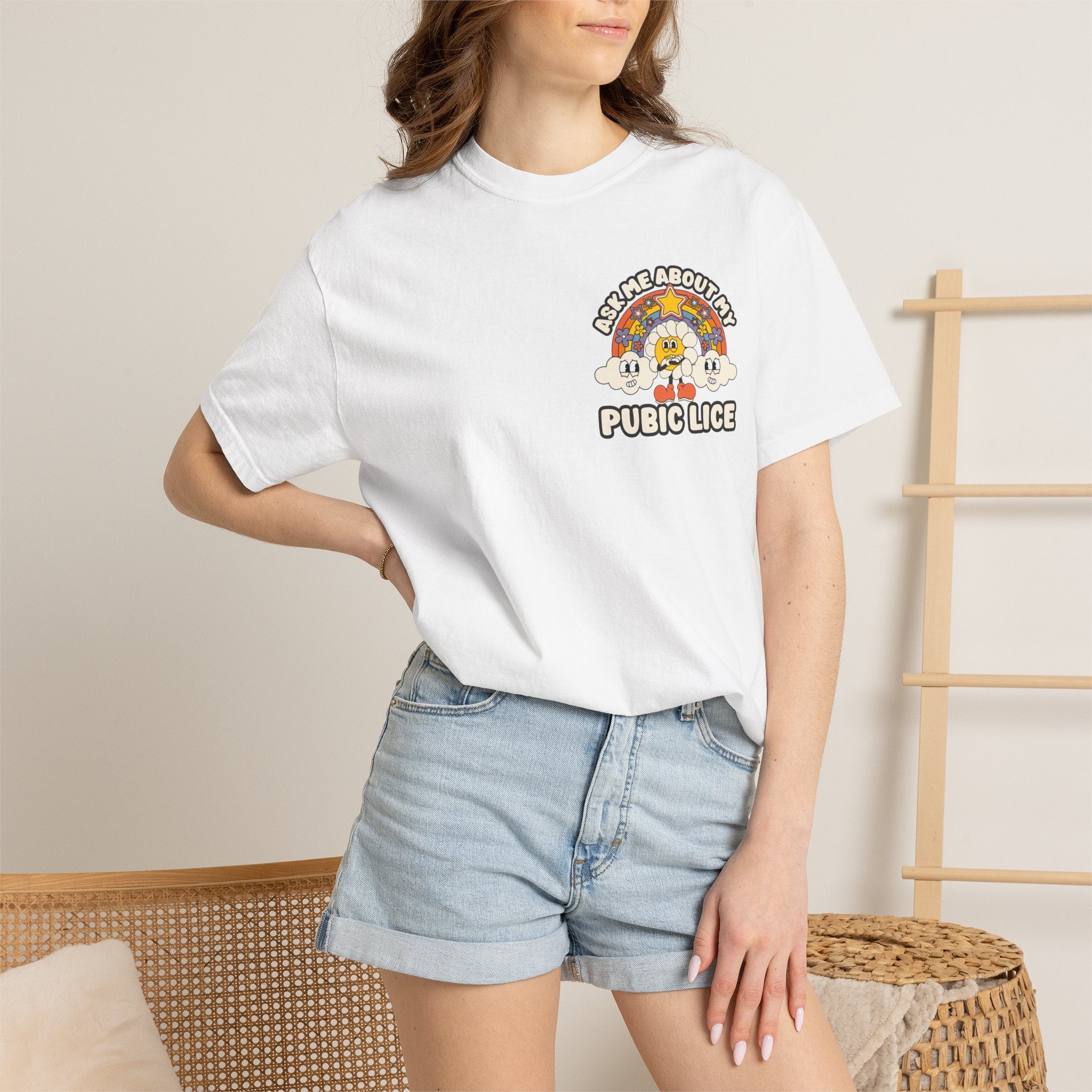 Adult Humor "Ask Me About My Pubic Lice" Double-Sided Retro Tee