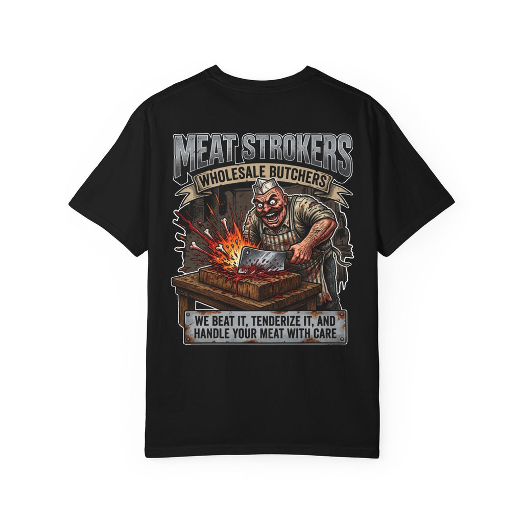 Meat Strokers Wholesale Butchers Graphic T-Shirt - Funny 90s Underground Comic Style Gift