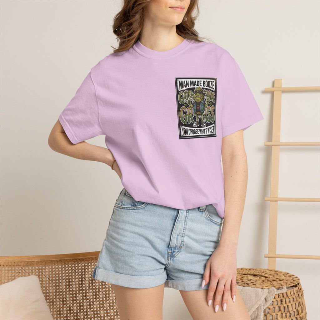 Man Made Booze God Made Grass Retro 1980s Biker Bud Graphic Tee