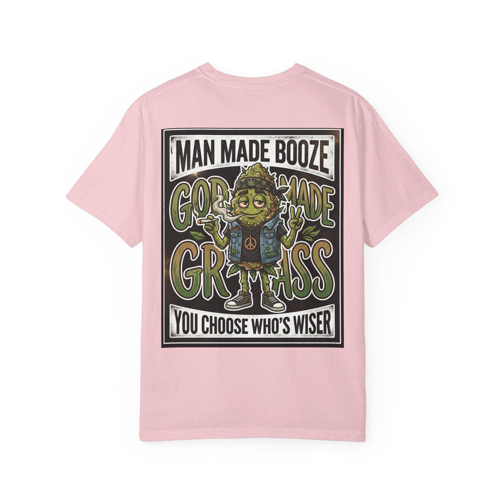 Man Made Booze God Made Grass Retro 1980s Biker Bud Graphic Tee
