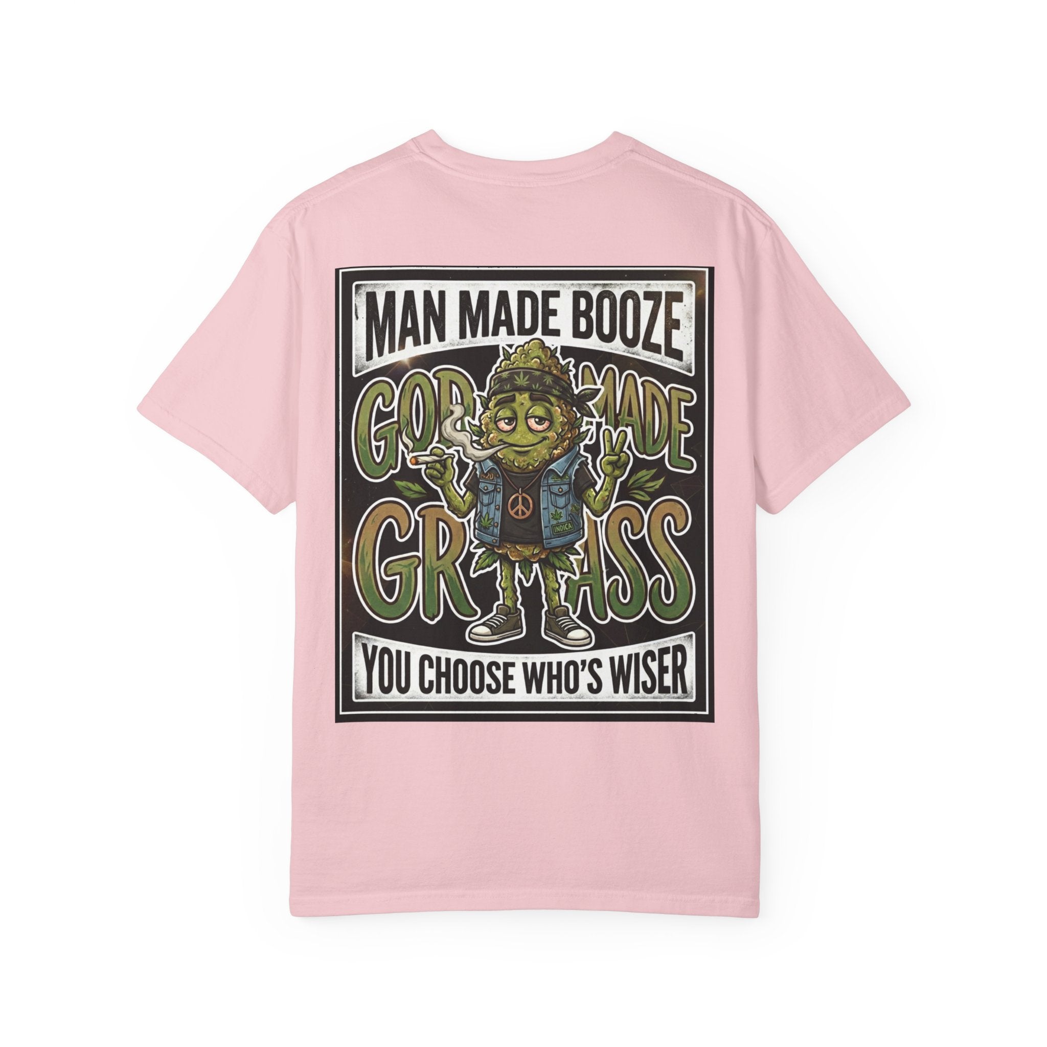 Man Made Booze God Made Grass Retro 1980s Biker Bud Graphic Tee