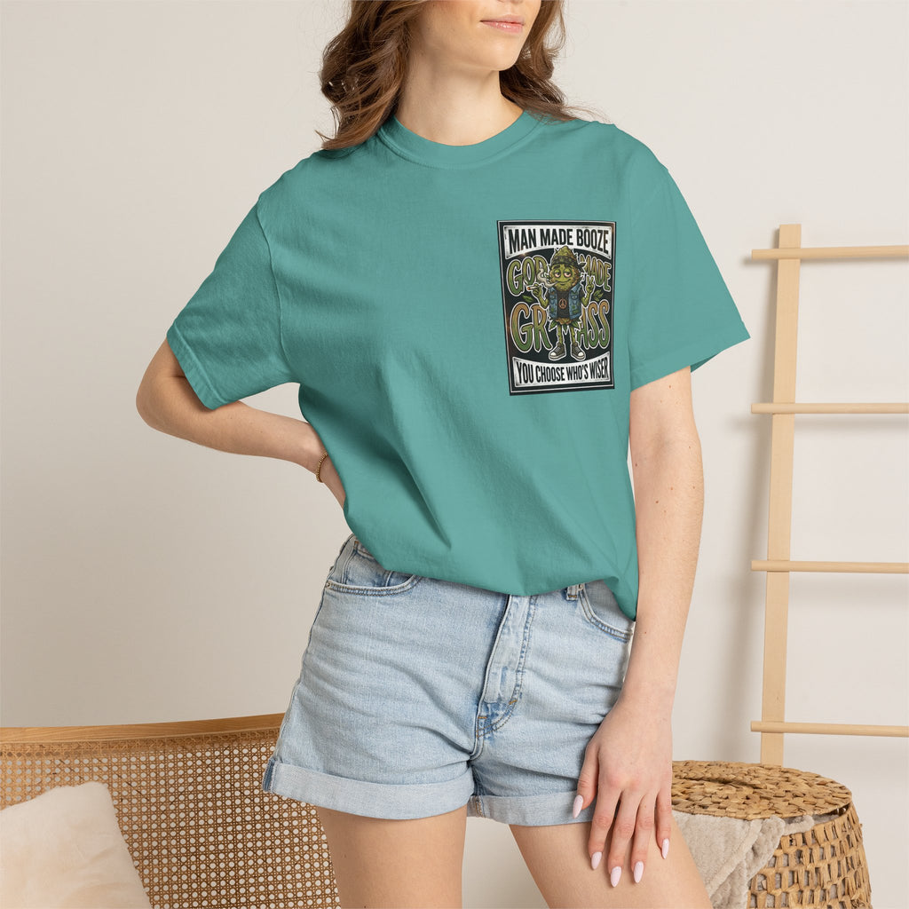 Man Made Booze God Made Grass Retro 1980s Biker Bud Graphic Tee