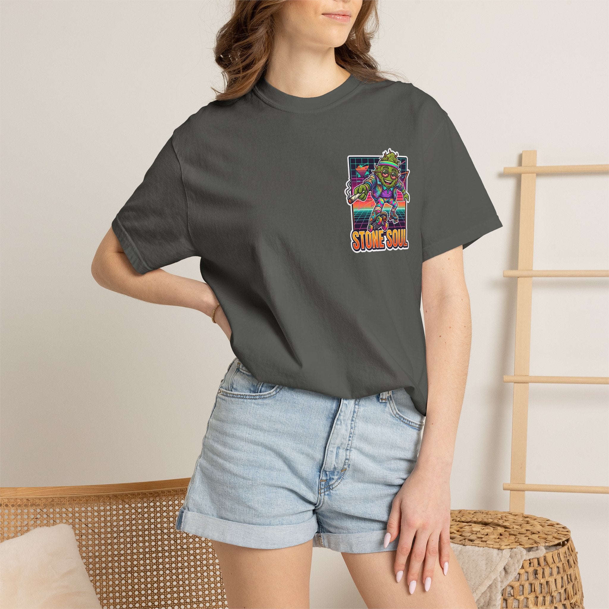 Retro 80s Synthwave Stone Soul Roller Skating Weed Bud Graphic Tee