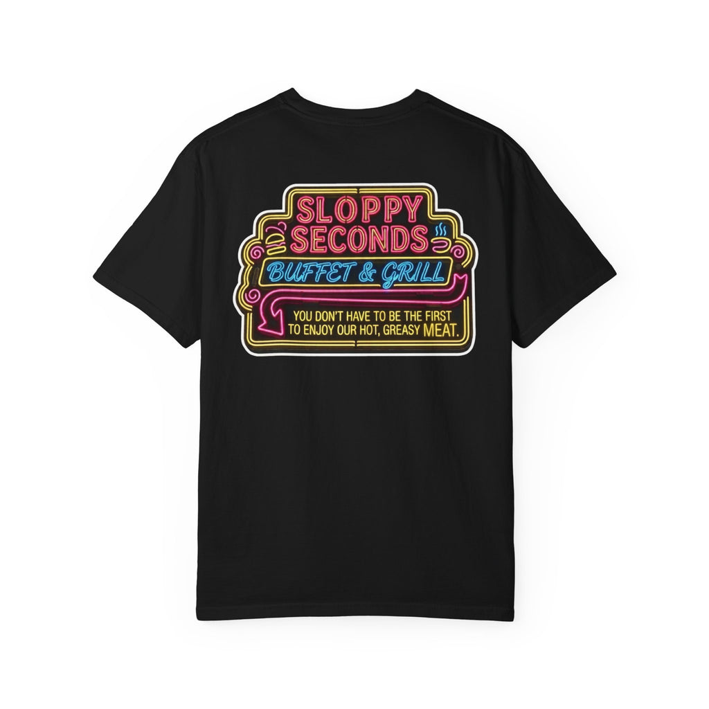 Sloppy Seconds Buffet & Grill Neon Graphic T-Shirt - Funny Adult Humor Retro Dive Bar Gift
