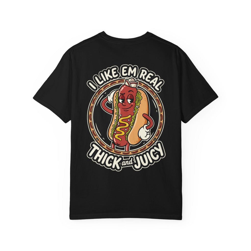 Retro 1930s Rubber Hose Hot Dog T-Shirt - I Like Em Real Thick And Juicy Vintage Graphic Tee